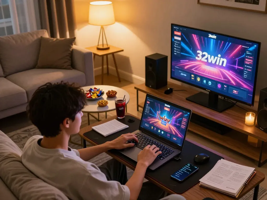 Player enjoying 32win online gaming experience in a cozy home setting