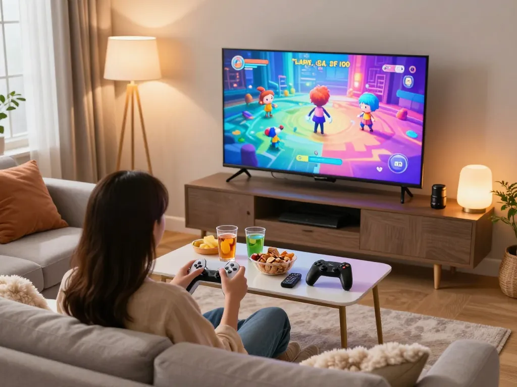 Couple enjoying sex games on a cozy couch with vibrant graphics.