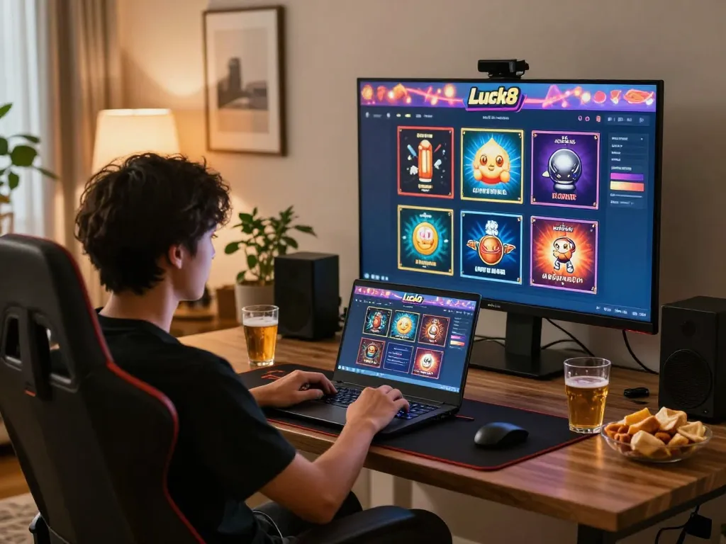 Engaging in online gambling on Luck8 from a cozy home setup with snacks and a laptop.