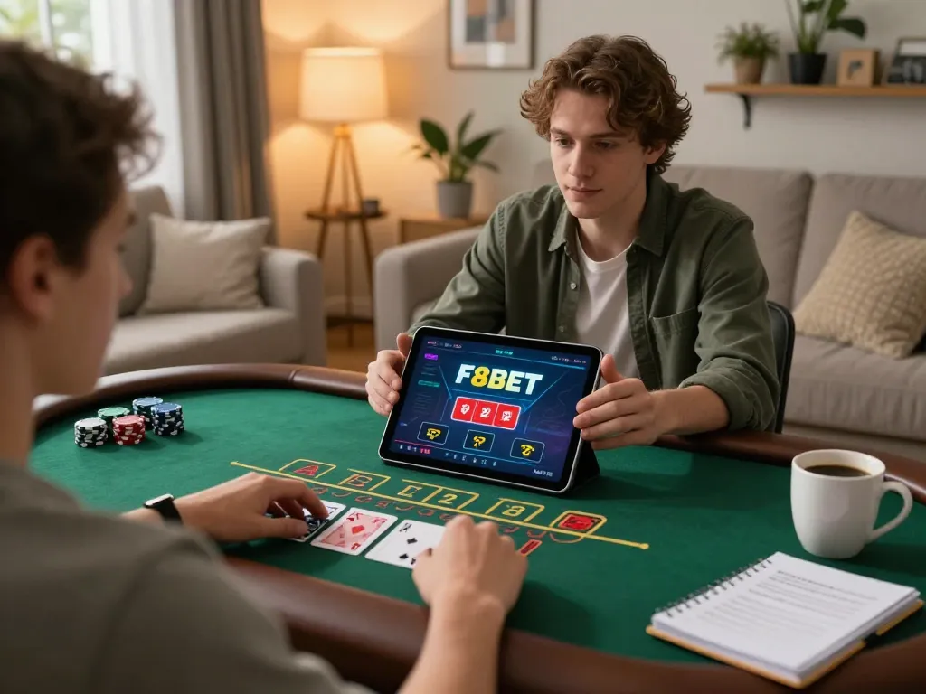 Player engaging in live dealer blackjack on F8BET tablet, showcasing immersive online gaming experience.