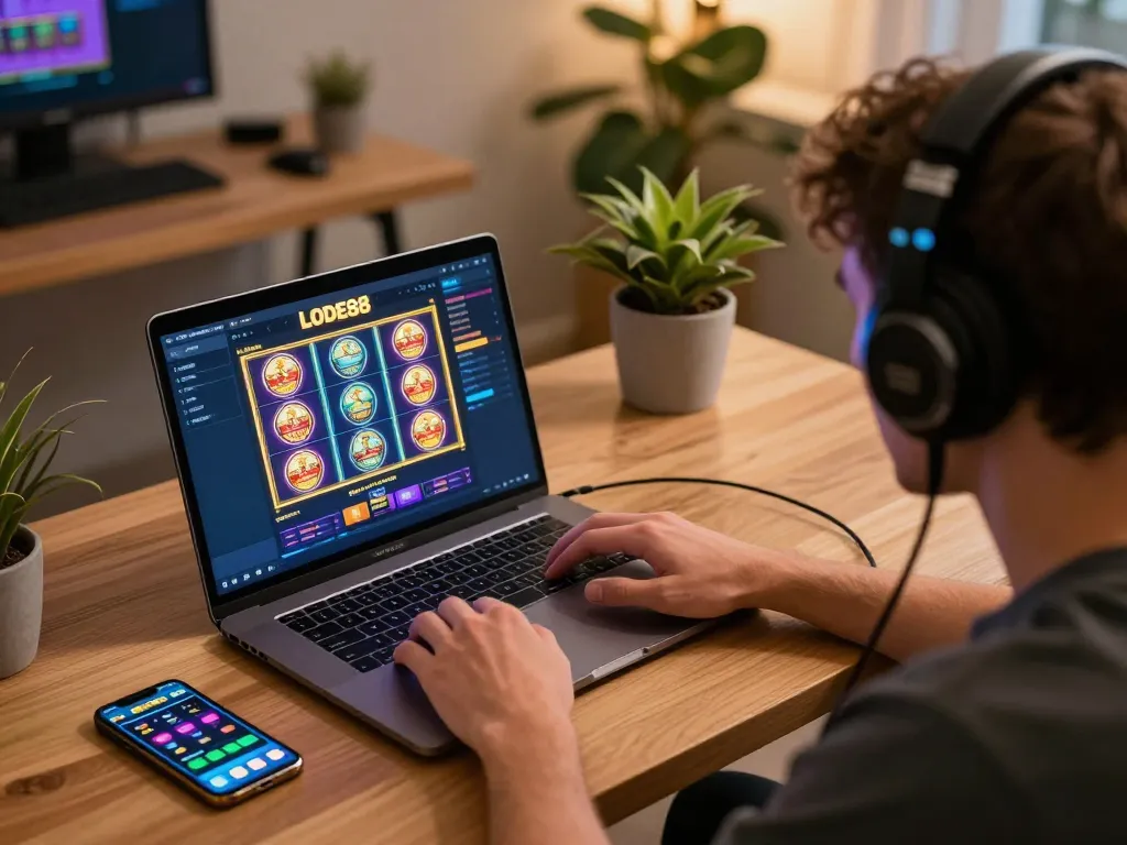 Engaging user playing LODE88 online casino game on laptop with vibrant graphics.