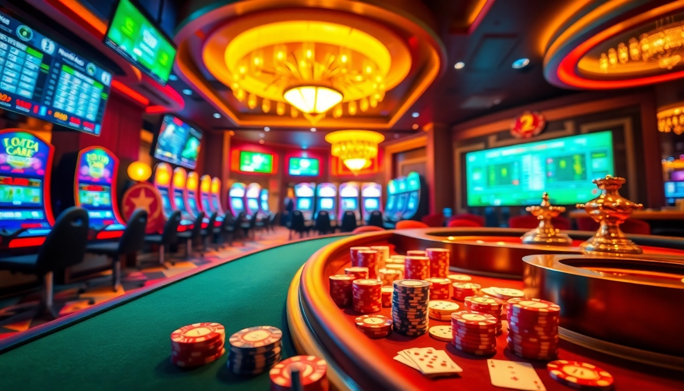 An engaging casino scene highlighting nhacaiuytinvn.us.com with poker tables, a spinning roulette wheel, and vibrant betting interfaces.