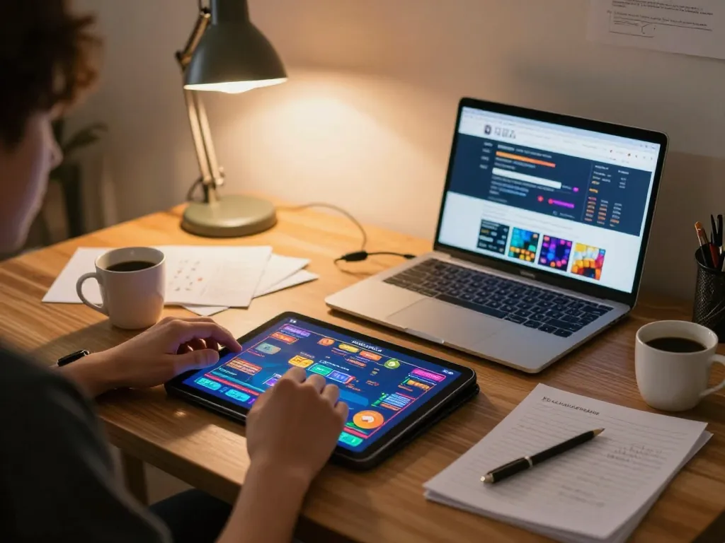 Pengalaman permainan situs togel dengan seorang pemain yang terlibat di tablet, menunjukkan perjudian online yang strategis.