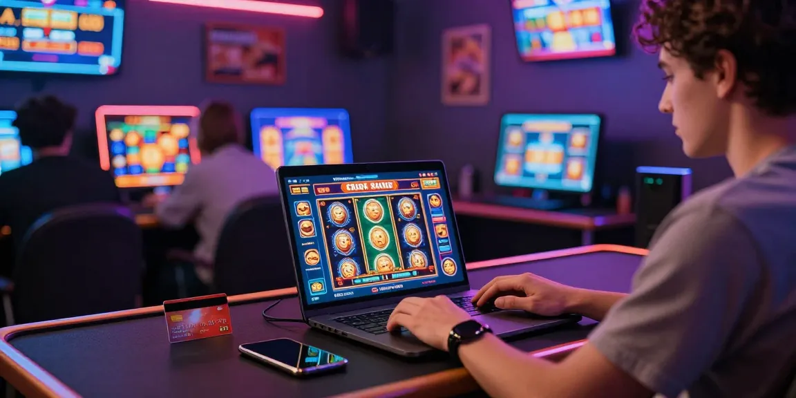 Player exploring credit card casinos on a laptop at https://thebls.org.uk, featuring vibrant game graphics.