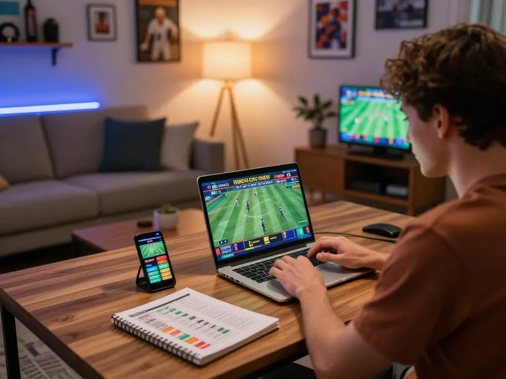 CakhiaTV user engaged in online sports betting with laptop and notebook in cozy setting.