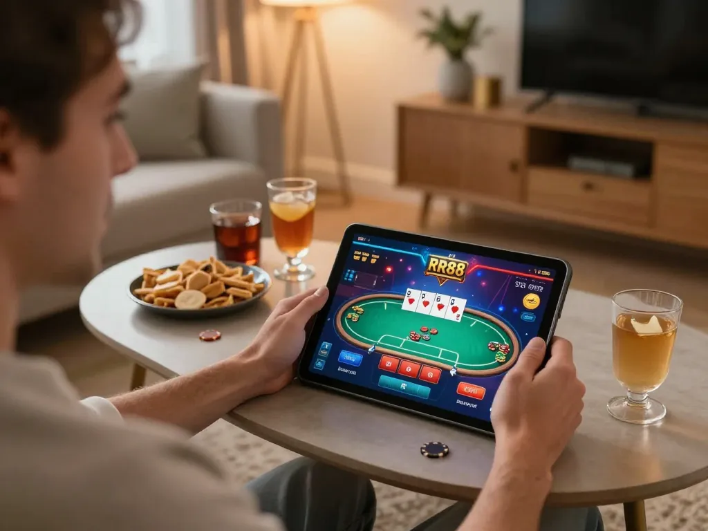 Player enjoying RR88 casino game on tablet in cozy home setting, highlighting online gaming excitement.