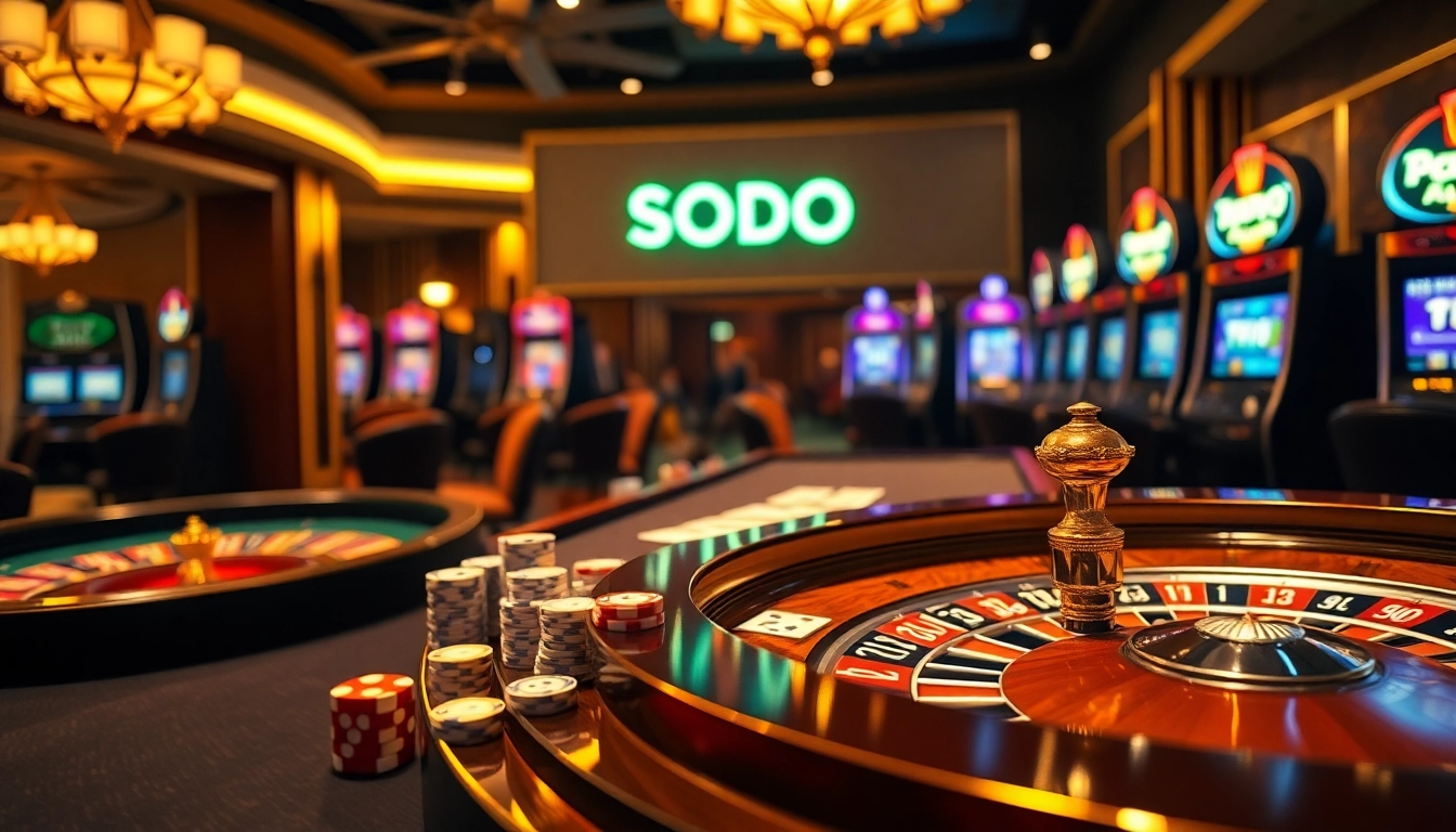 SODO casino gaming table scene with poker chips, cards, and a roulette wheel
