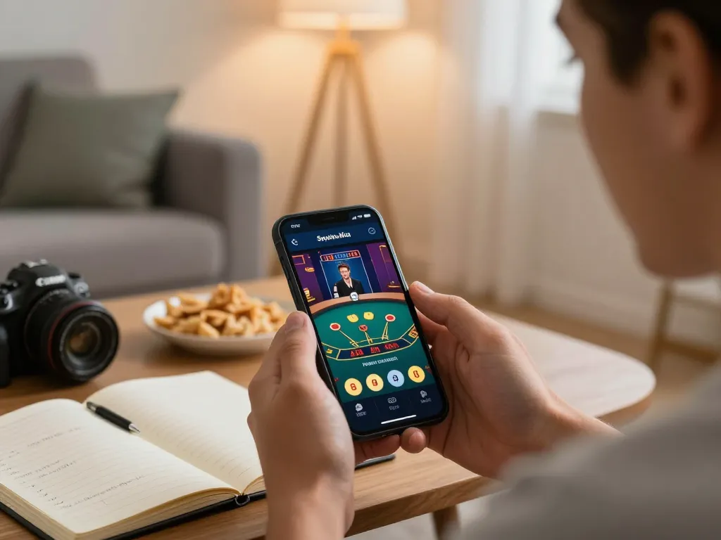 Player using the 11win mobile casino app for blackjack in a cozy home setting.