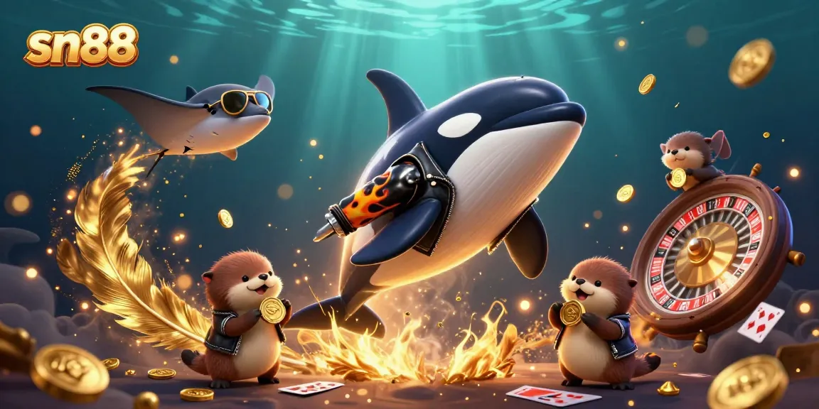 Engage with sn88's thrilling casino experience featuring a vibrant orca, stingray, and otters winning with gold coins.