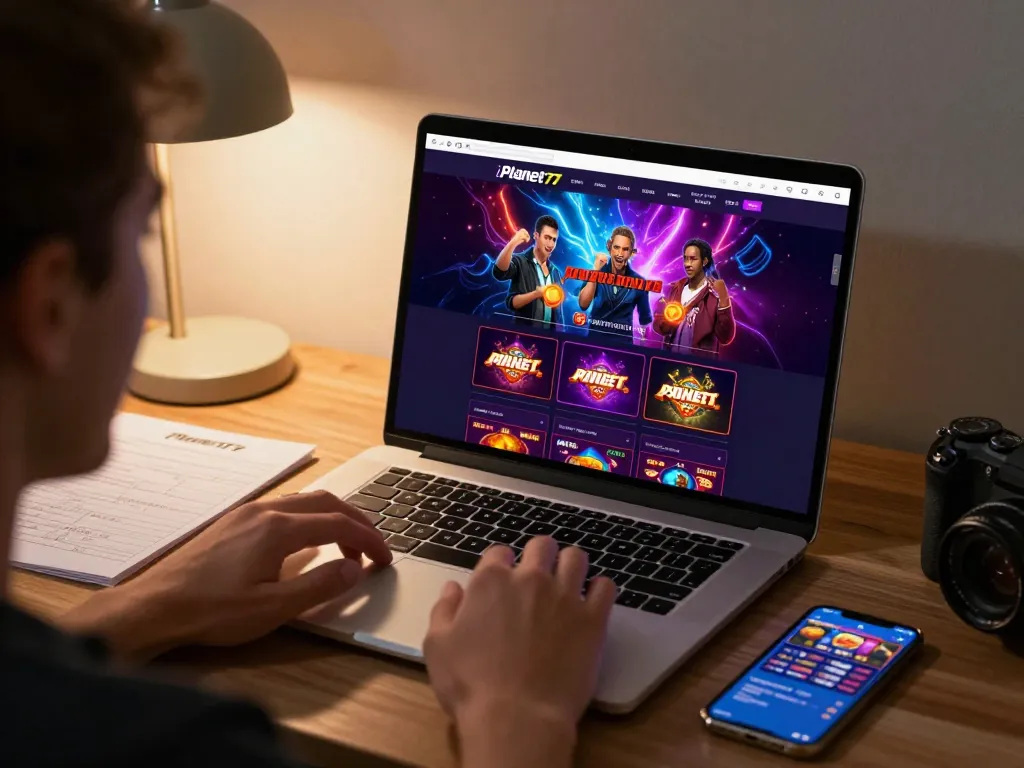 Berinteraksi dengan permainan kasino online Planet77 di laptop di rumah, mencerminkan kegembiraan bermain yang bersemangat