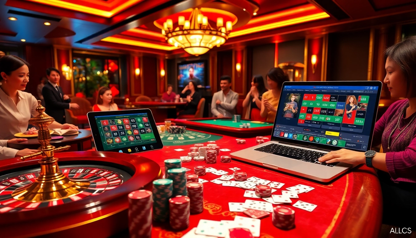 Lô Đề Trực Tuyến gaming table with roulette wheels and excited players in a luxurious casino setting.