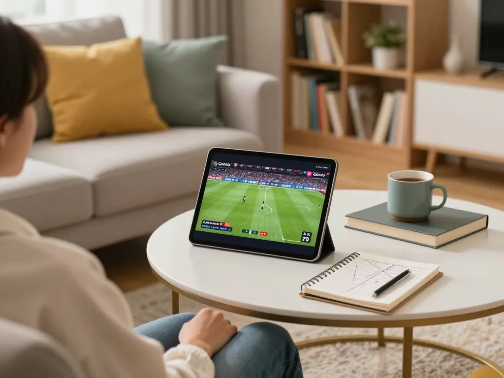 Cakhia TV streaming live football matches on tablet in a cozy home setting.