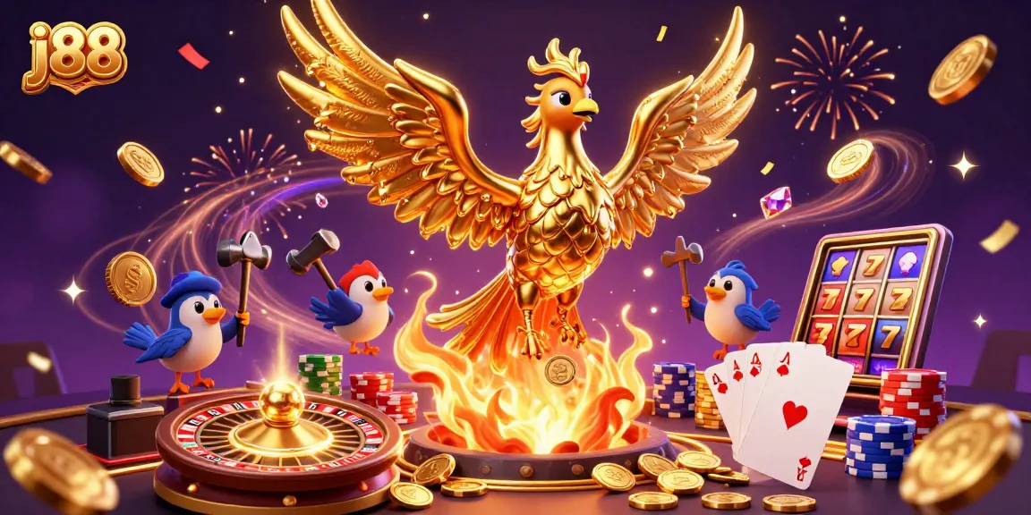 Engage with j88 in a vibrant 3D casino scene featuring a molten golden phoenix and dynamic gaming elements.
