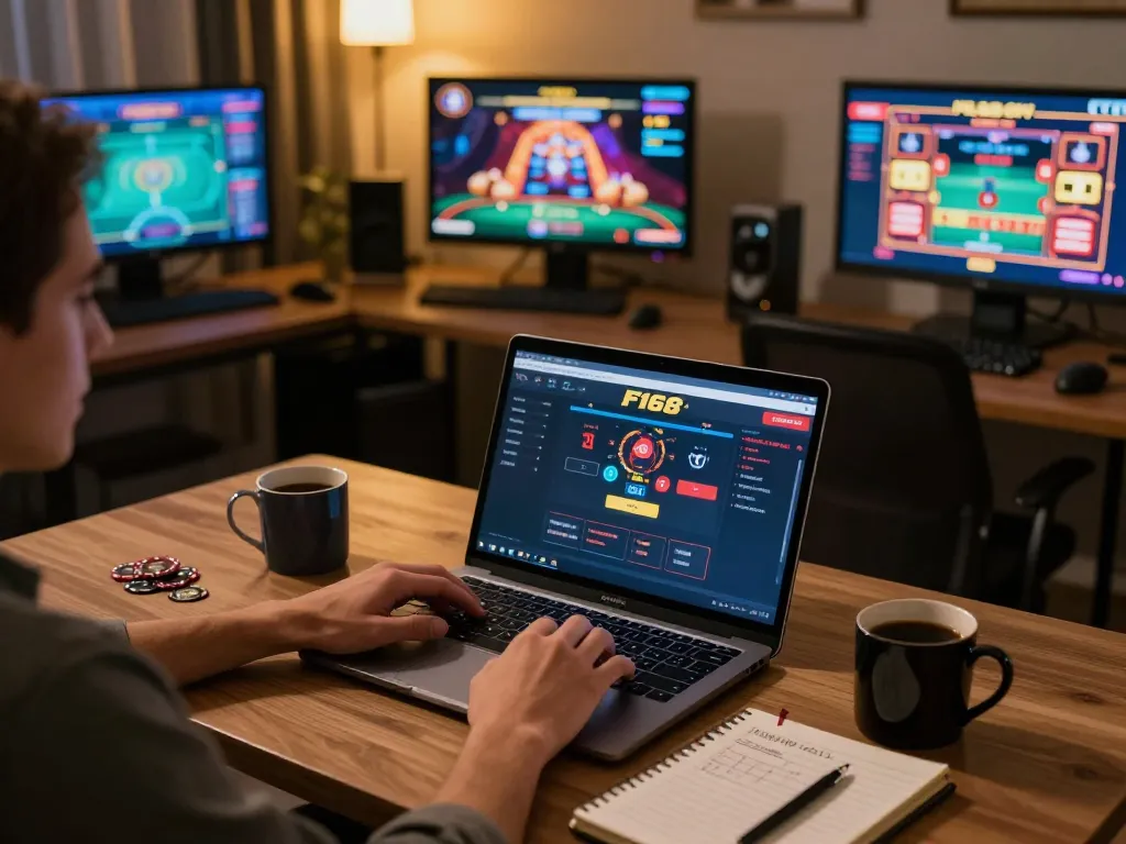 F168 user engaging in online gaming, showcasing strategic gameplay in a cozy home setting