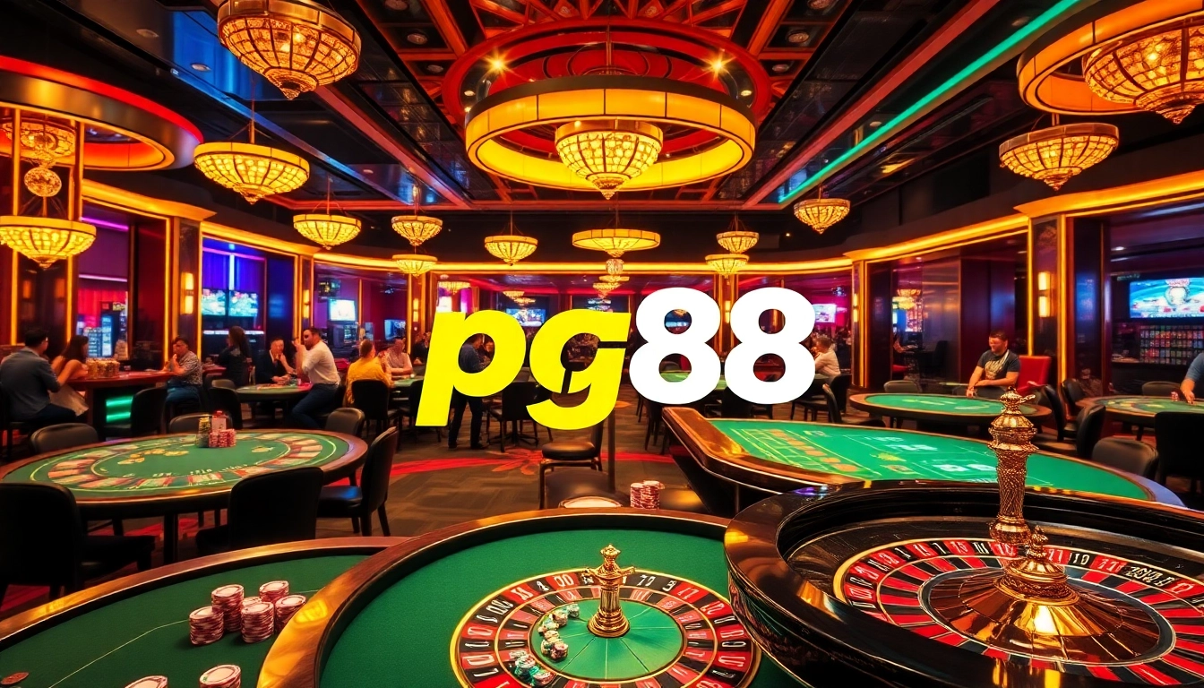 Dynamic casino gaming atmosphere featuring pg88 logo amidst poker tables and roulette wheels.
