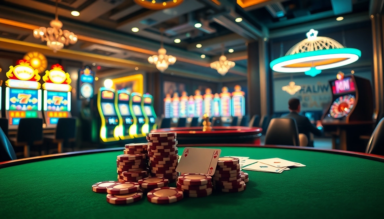 Engage with excitement at https://luckywin.fan/, showcasing a luxurious casino scene with vibrant games and high stakes.