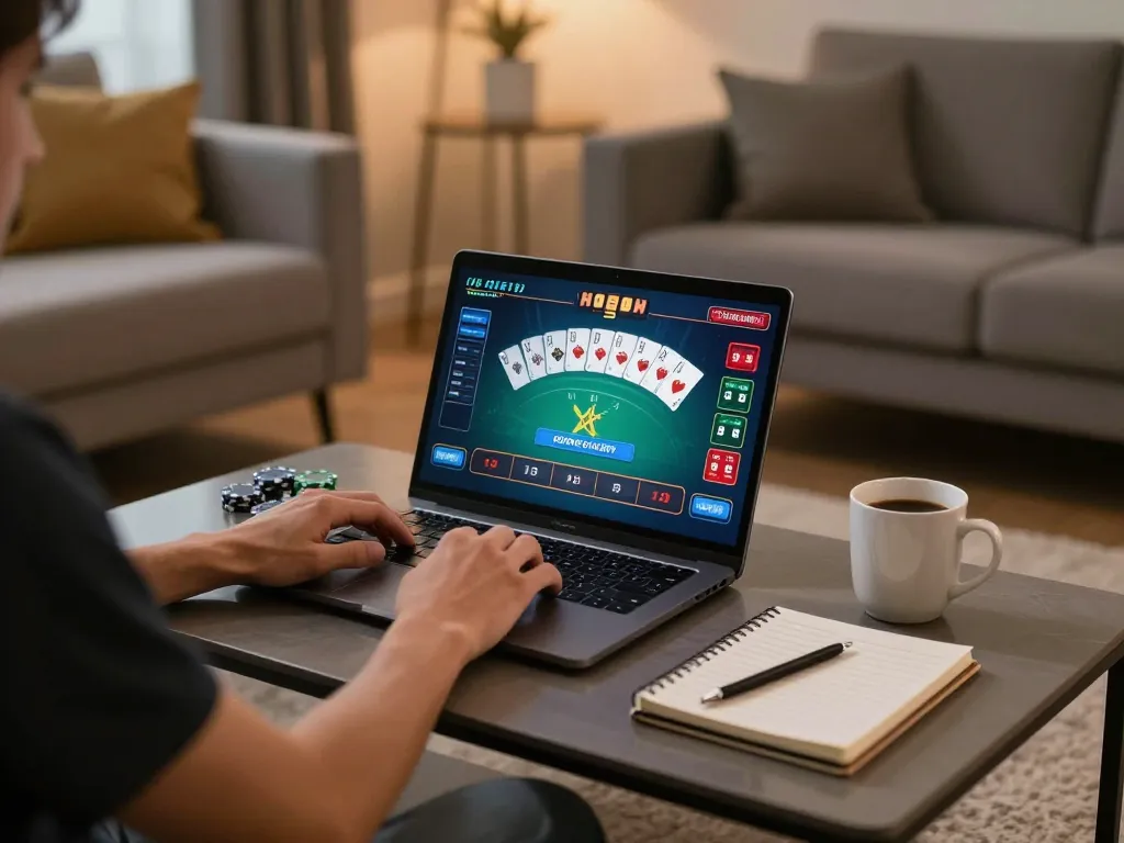 Player engaged in online casino gaming on 258bet with a laptop and betting strategy notes