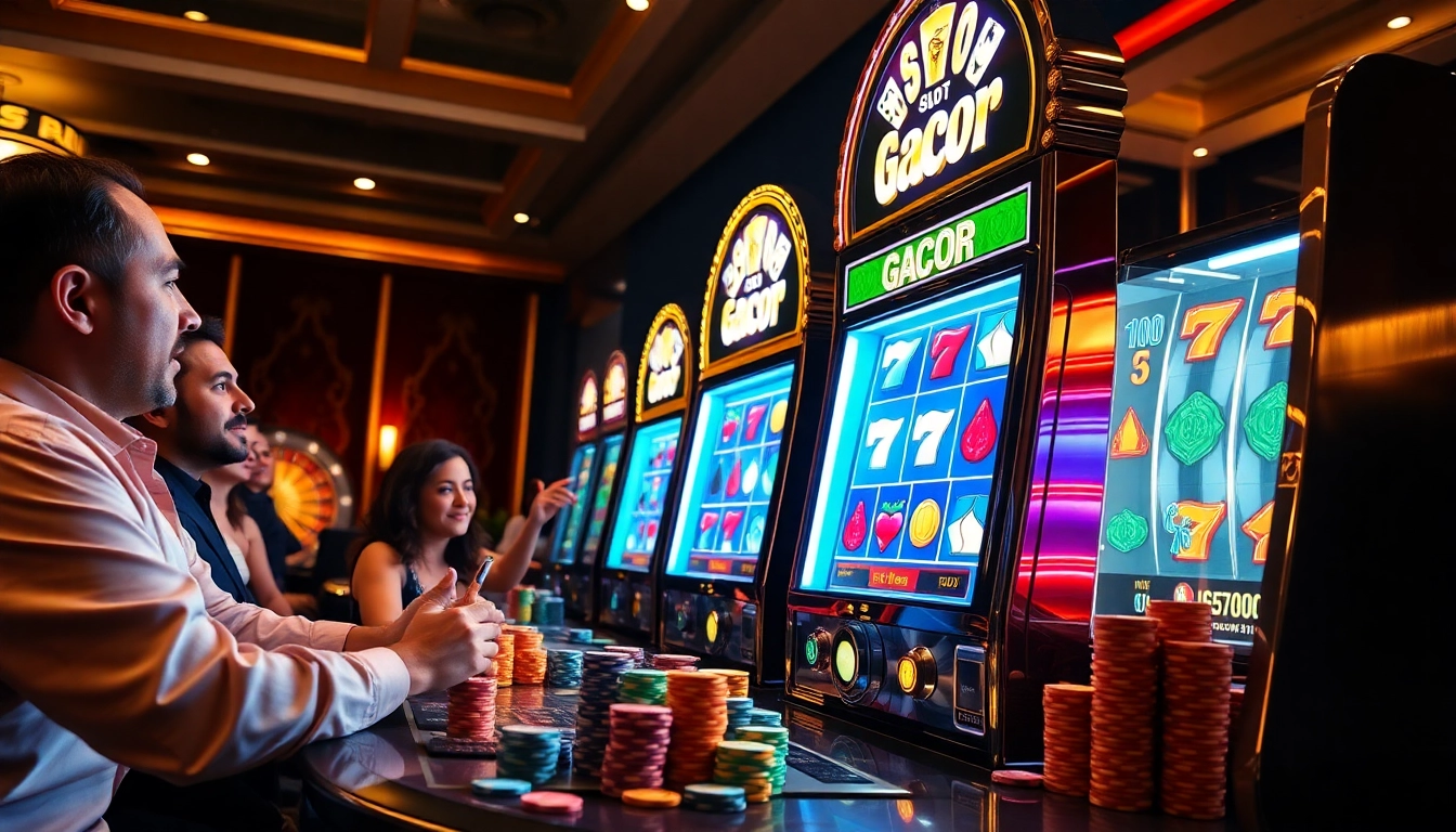 Engaging players at the Slot Gacor machine in a vibrant, luxurious casino atmosphere.