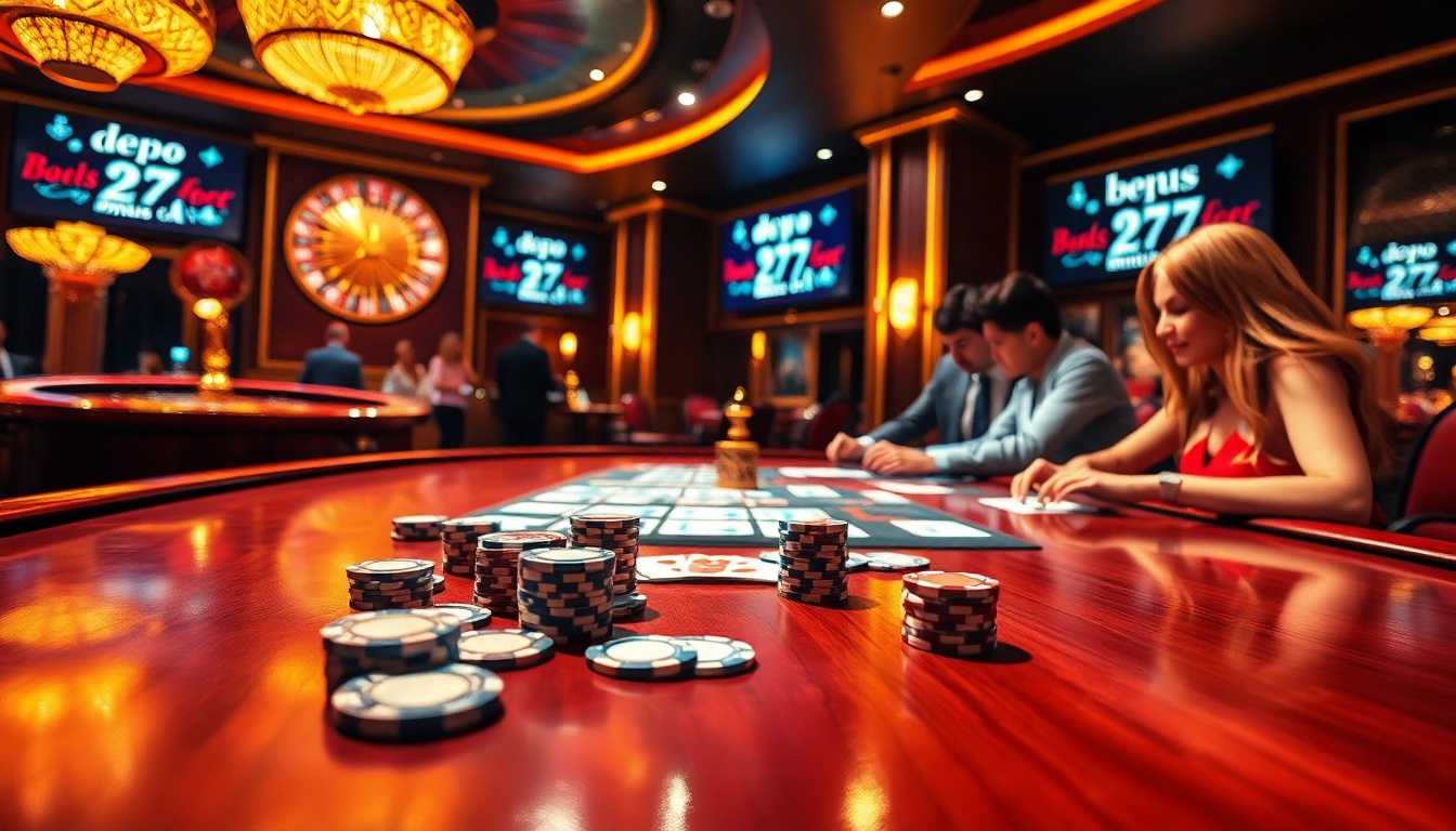 High-stakes gaming scene showcasing depo 25 + bonus 27 promotions with poker chips and roulette wheels.