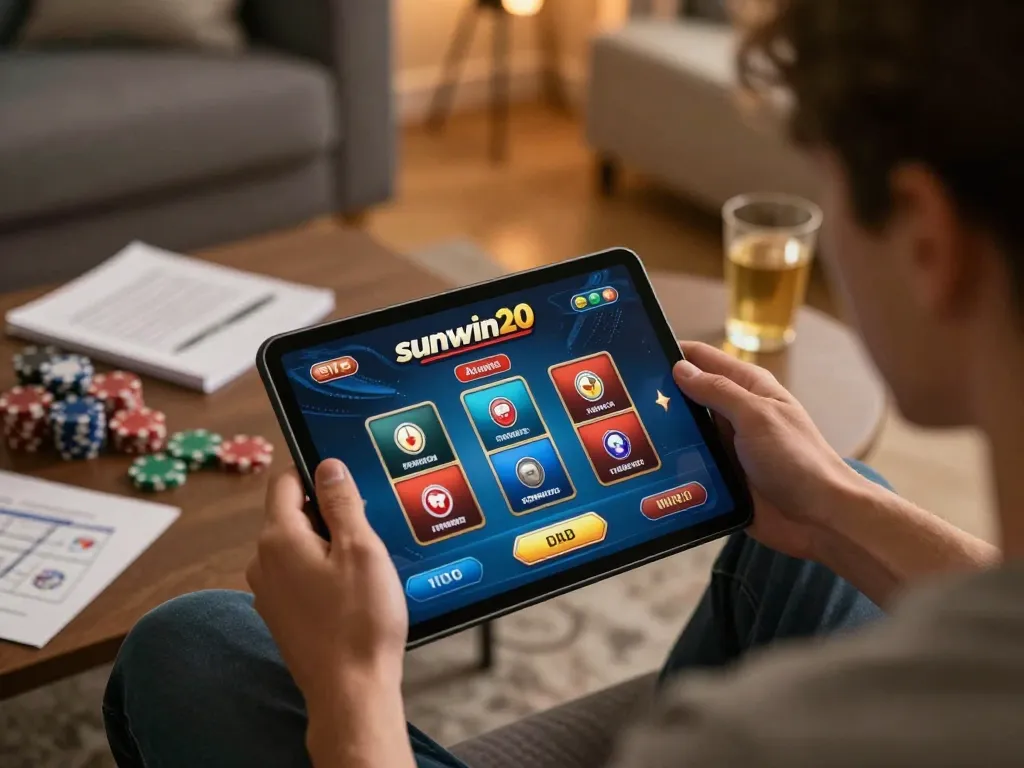 Engaged gamer using sunwin20 online casino app, showing poker game interface and strategy notes in cozy atmosphere.