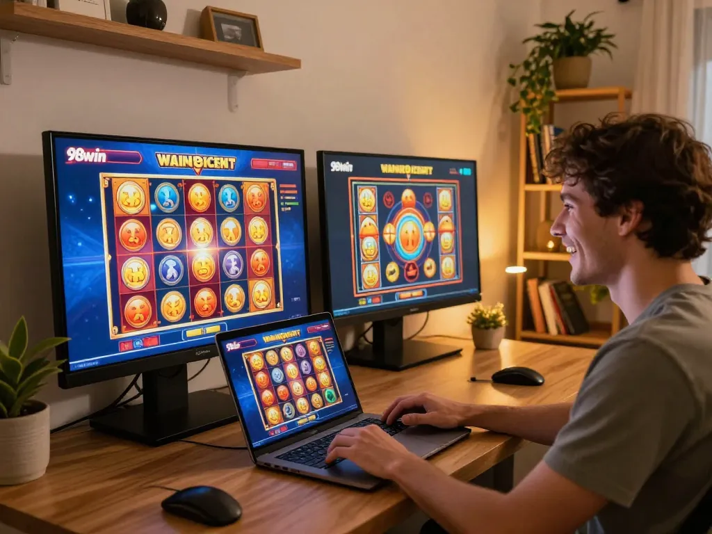 Player experiencing excitement on 98win's online slot machine with colorful graphics and engaging interface.