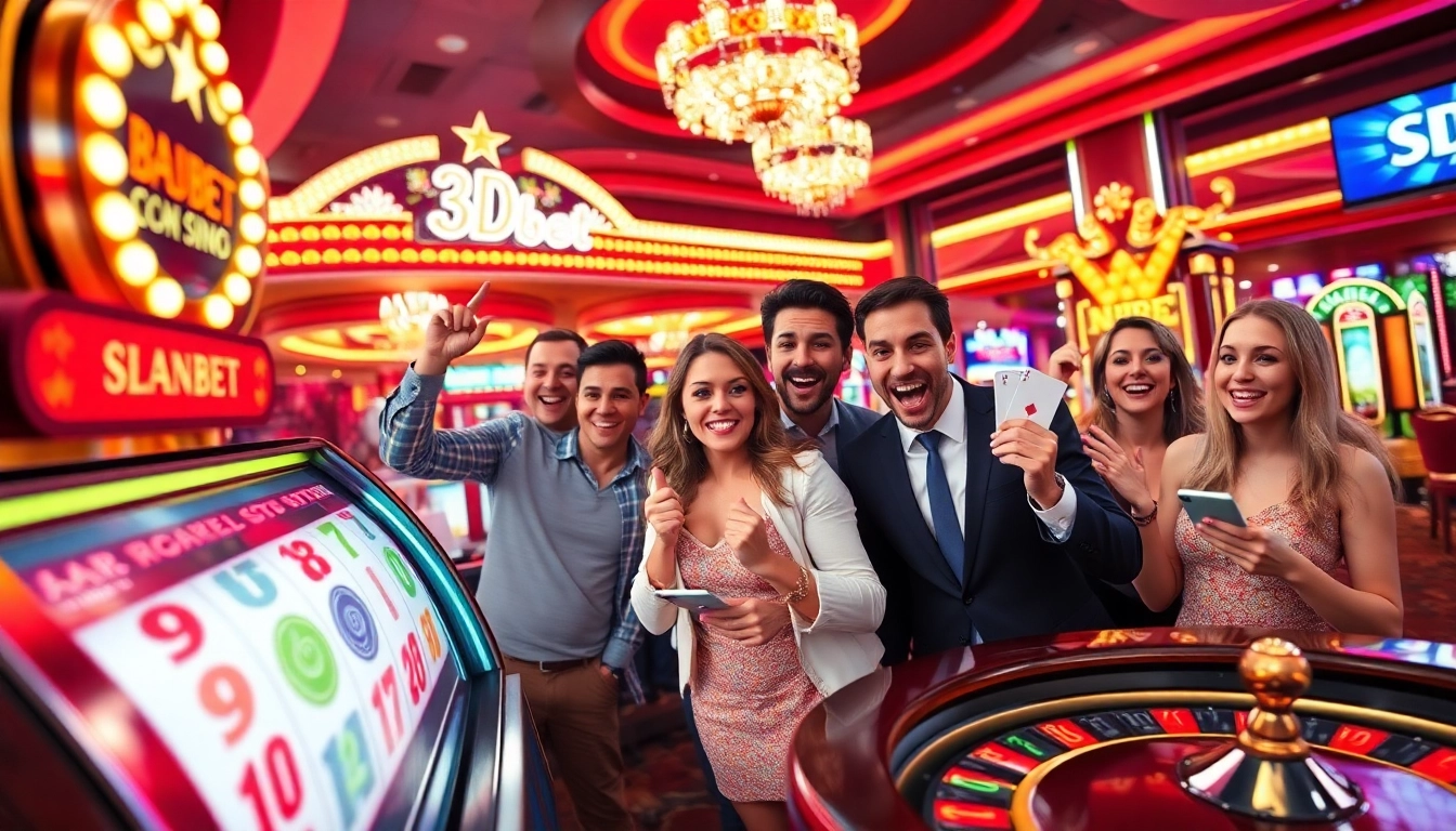 A group of players joyfully engages with the 3Dbet slot machine in a luxurious casino.
