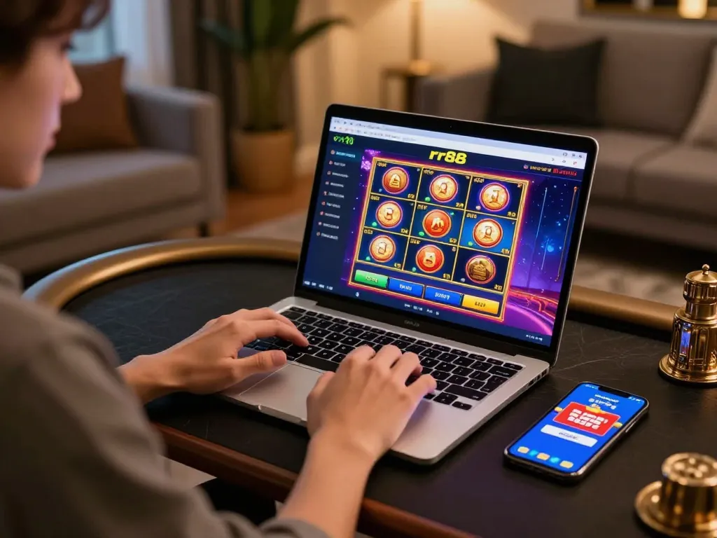 Engaged player enjoying games at nhà cái rr88 online casino, highlighting vibrant slot experience.