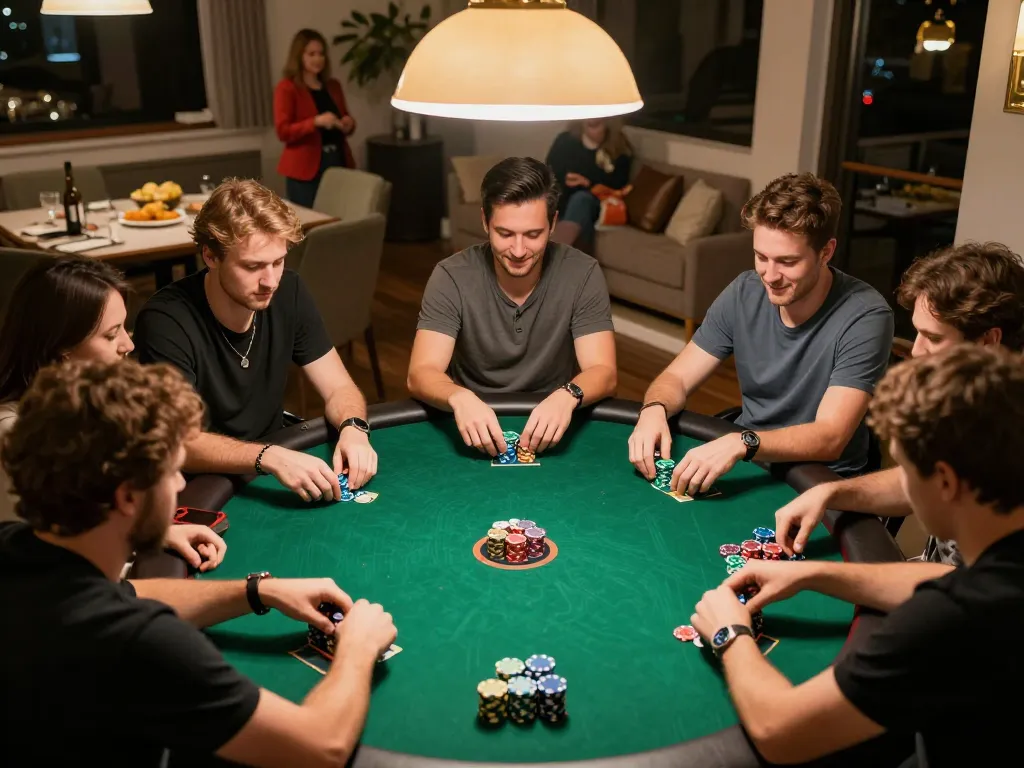 Players enjoying a home poker night featuring u888 games, socializing while playing