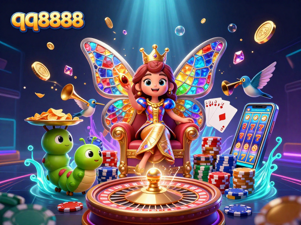 Experience qq8888's vibrant casino world with our colorful 3D illustration featuring captivating game elements.