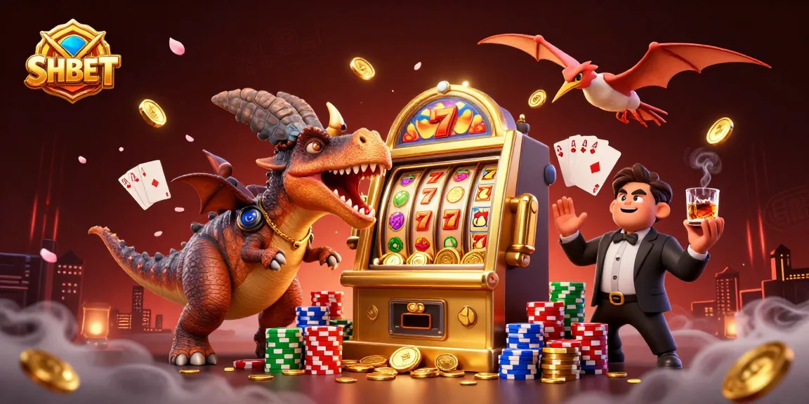 SHBET features a pachycephalosaurus and ankylosaur in a vibrant casino scene celebrating jackpot wins.