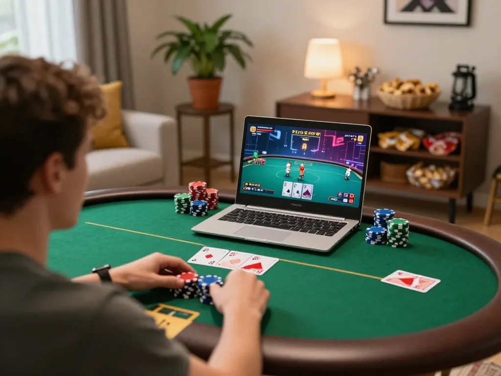 Engaged player enjoying 789p poker game on laptop in cozy home environment