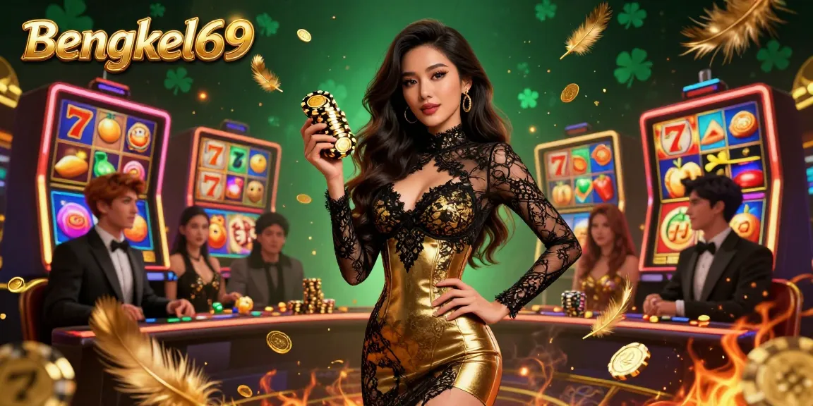 Bengkel69 offers high-stake excitement with a photorealistic Asian woman at a lively slot machine, symbolizing winning opportunities.