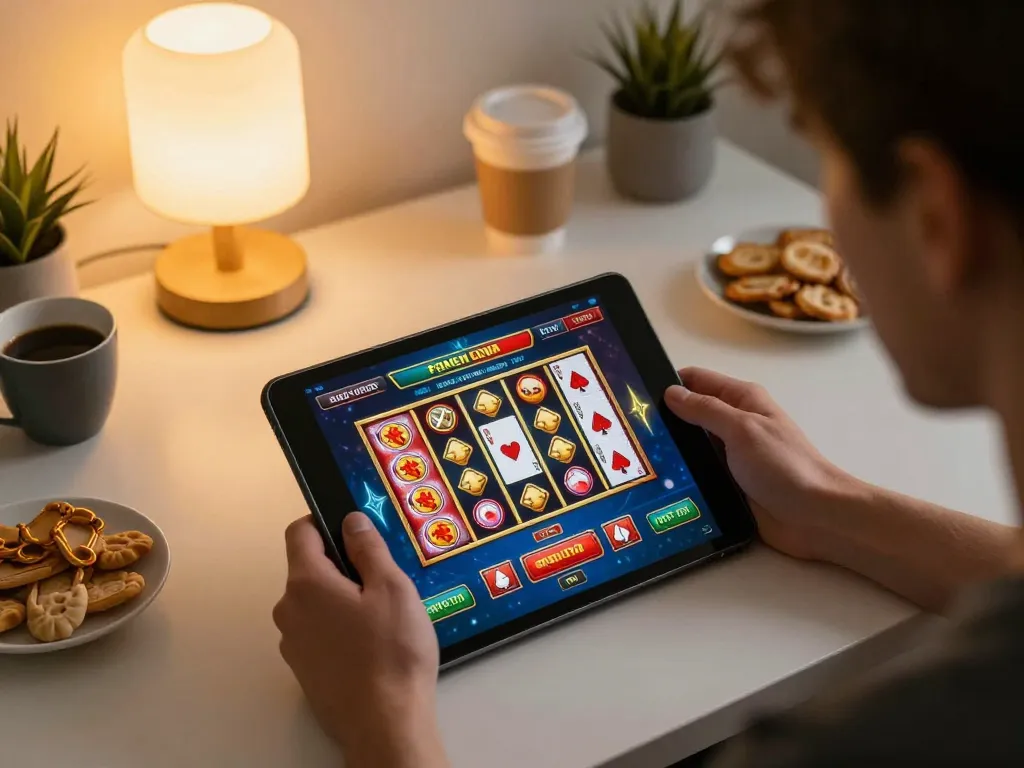 Engaging player using dinamit4d for online casino gaming on tablet in cozy home setup.