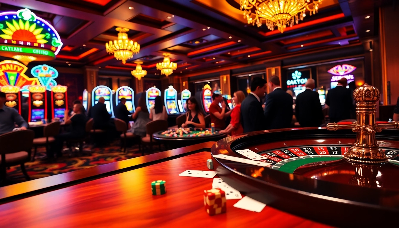SODO casino scene showcasing an elegant gaming table with cards, chips, and a roulette wheel bustling with excitement.