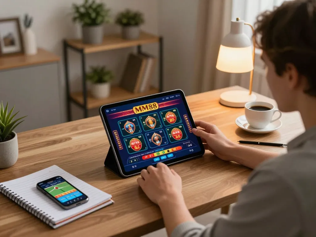 Player engaging with the MM88 casino app on a tablet, showcasing strategic online gambling.