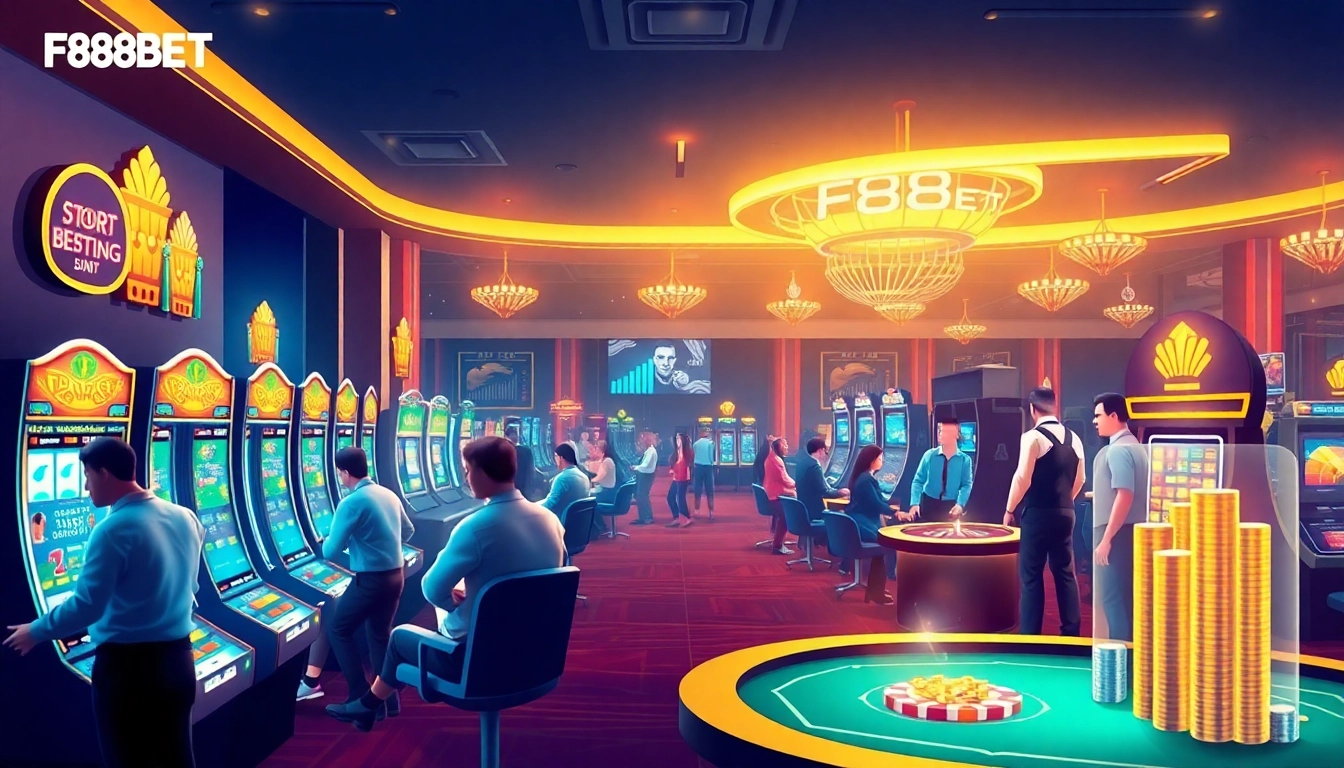 Engaging F88BET online betting scene showcasing vibrant casino atmosphere with interactive gaming and sports betting.