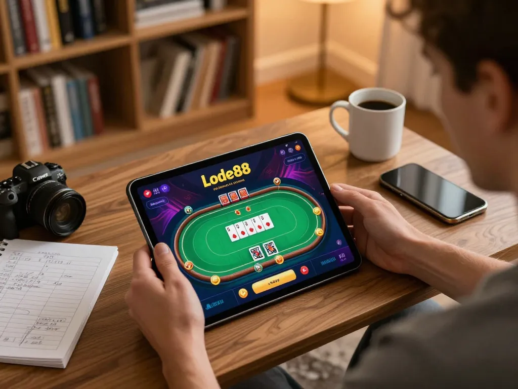 Lode88 player engaging with poker game on tablet in a cozy home setting, promoting strategic gaming.