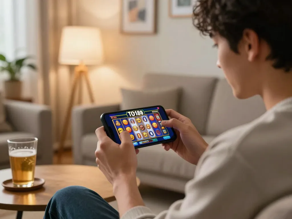 Player using smartphone to spin TO188 slots in a cozy home setting, showcasing the excitement of online gambling.