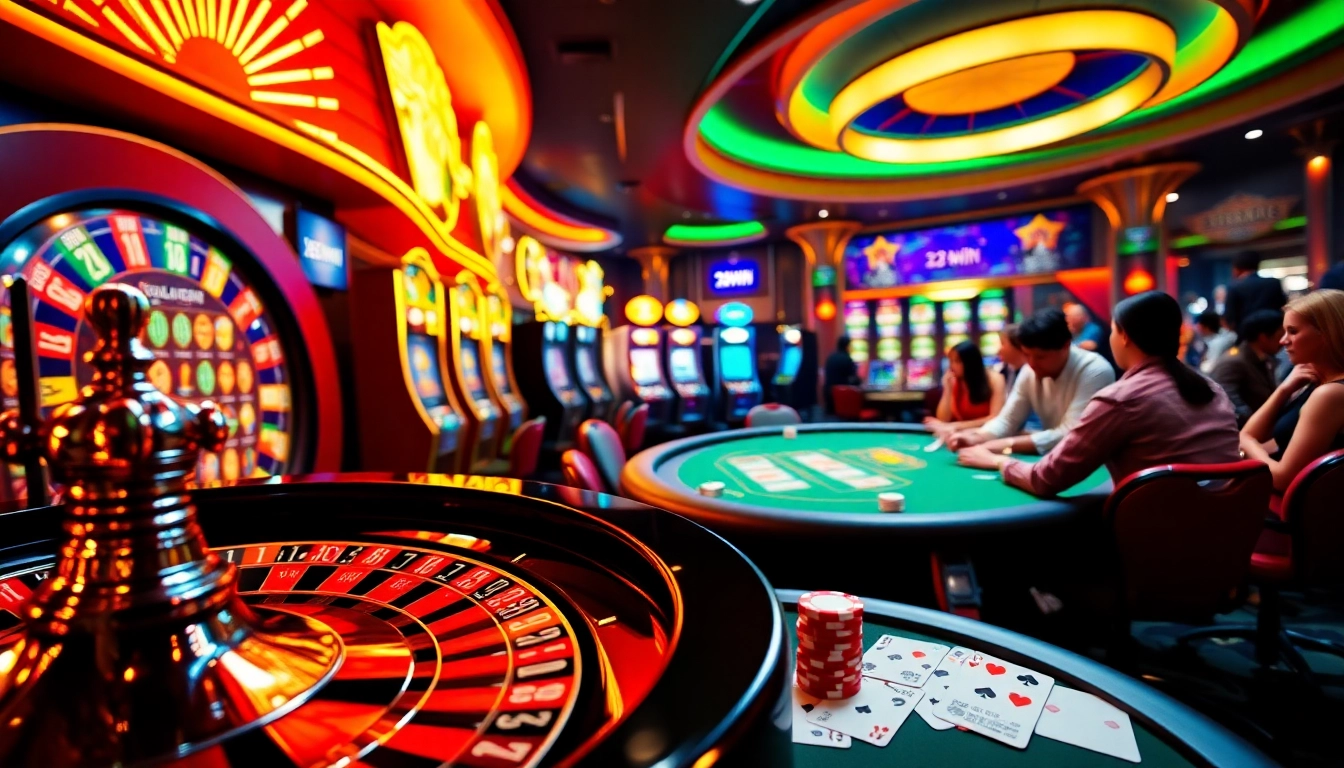 Players embracing the excitement of 23win at a vibrant casino table.