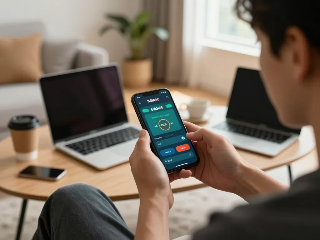 Engaged user placing bets on bdtk66 from a mobile app in a cozy home setting