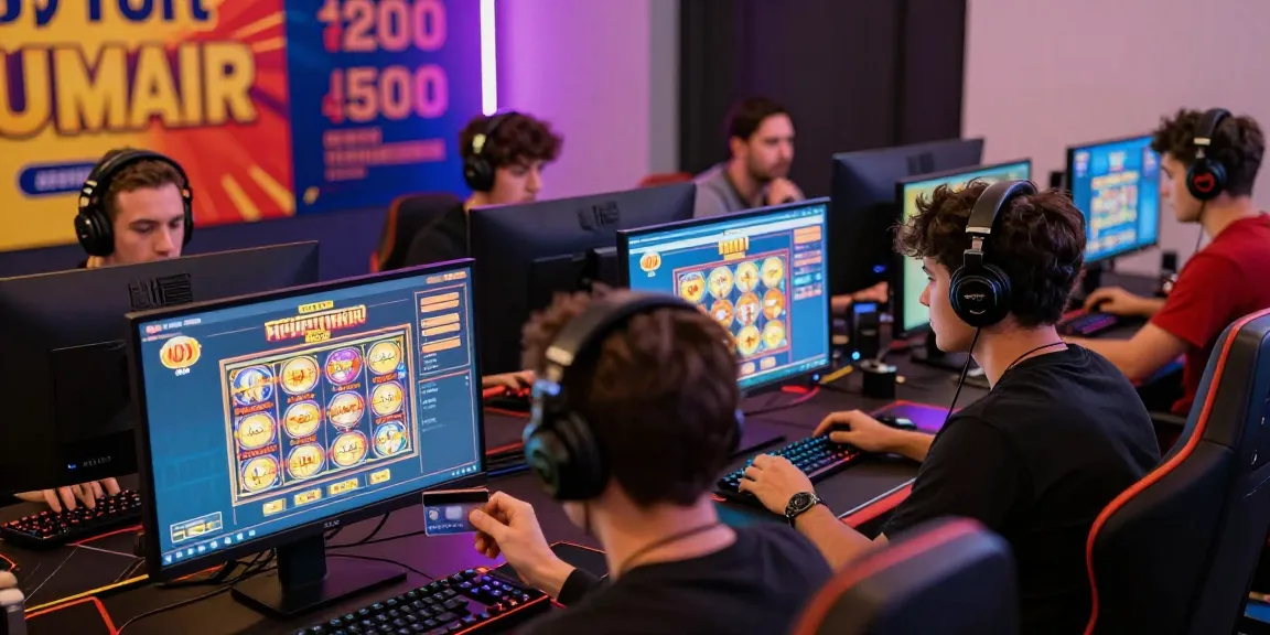Players enjoying their favorite games at online casinos that accept credit cards, with glowing screens and colorful promotions.