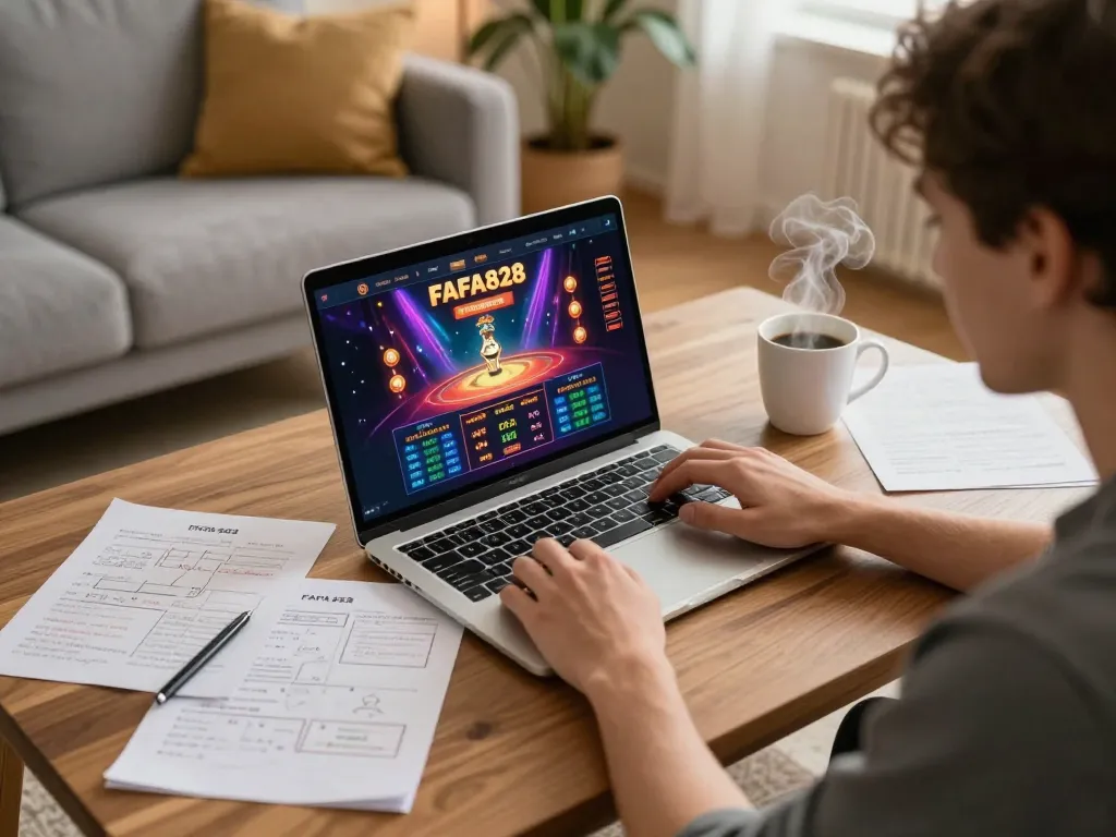Player engaging with FAFA828 online casino platform on laptop in cozy home setting