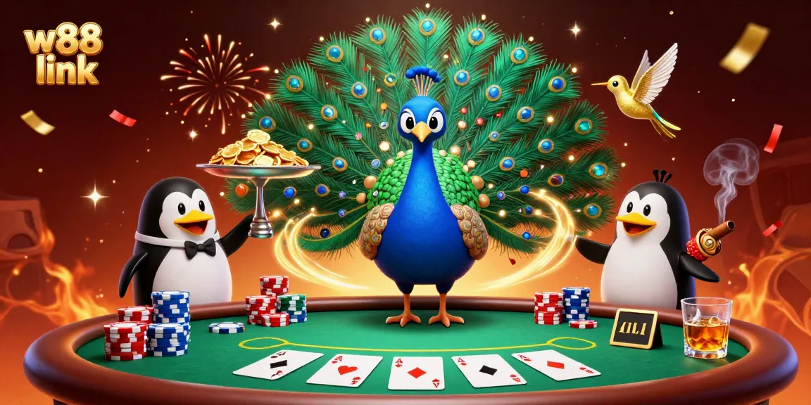 Engage with the vibrant w88 link experience, showcasing an aristocratic peacock and dynamic casino elements.