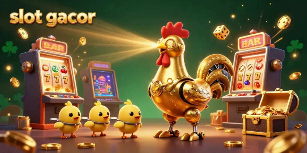 Experience the excitement of slot gacor with a golden rooster robot and dynamic casino elements bursting with rewards.