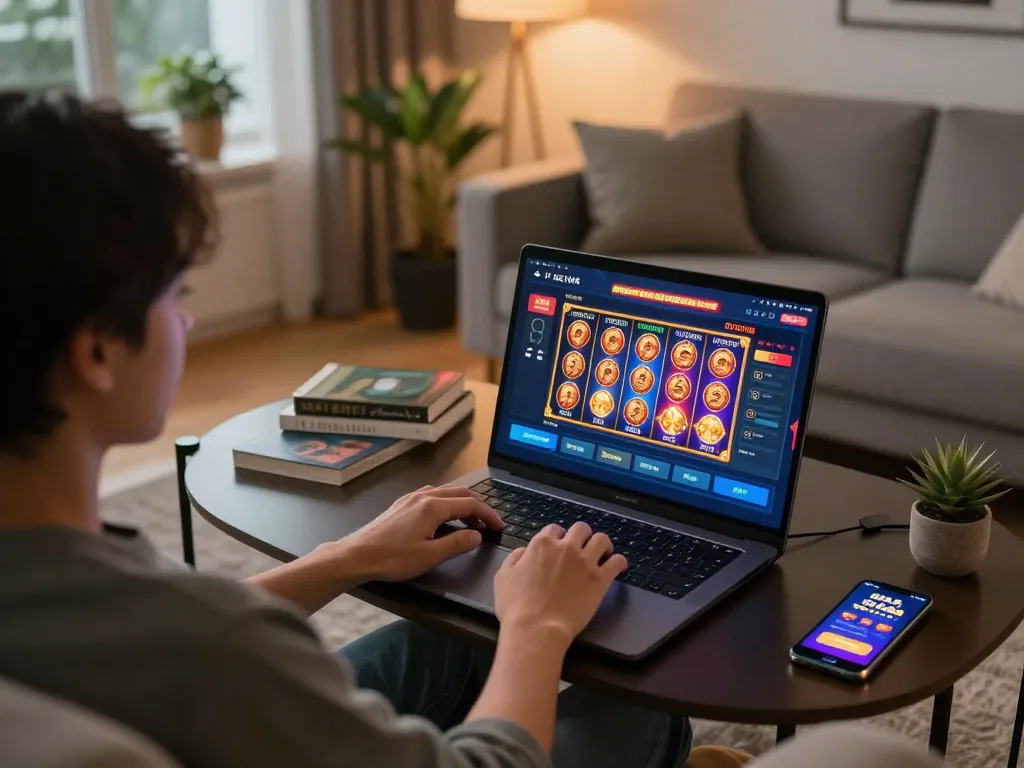 Engaging in online gambling on 88aa chính thức platform with cozy setup and vibrant slot games.