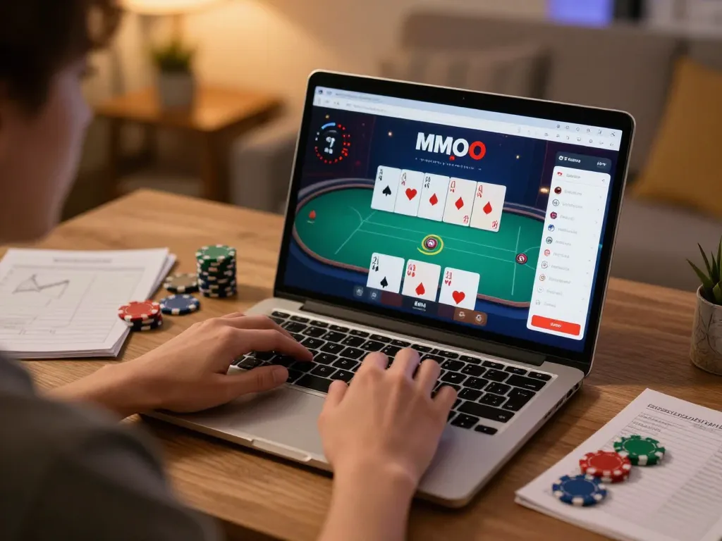 Engaged player on MMOO platform, strategizing in an online poker game at home with cozy lighting.