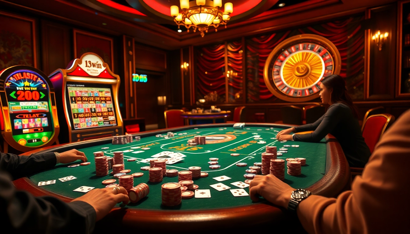 Players enjoying poker at the luxurious 13win online casino, surrounded by poker chips and cards.
