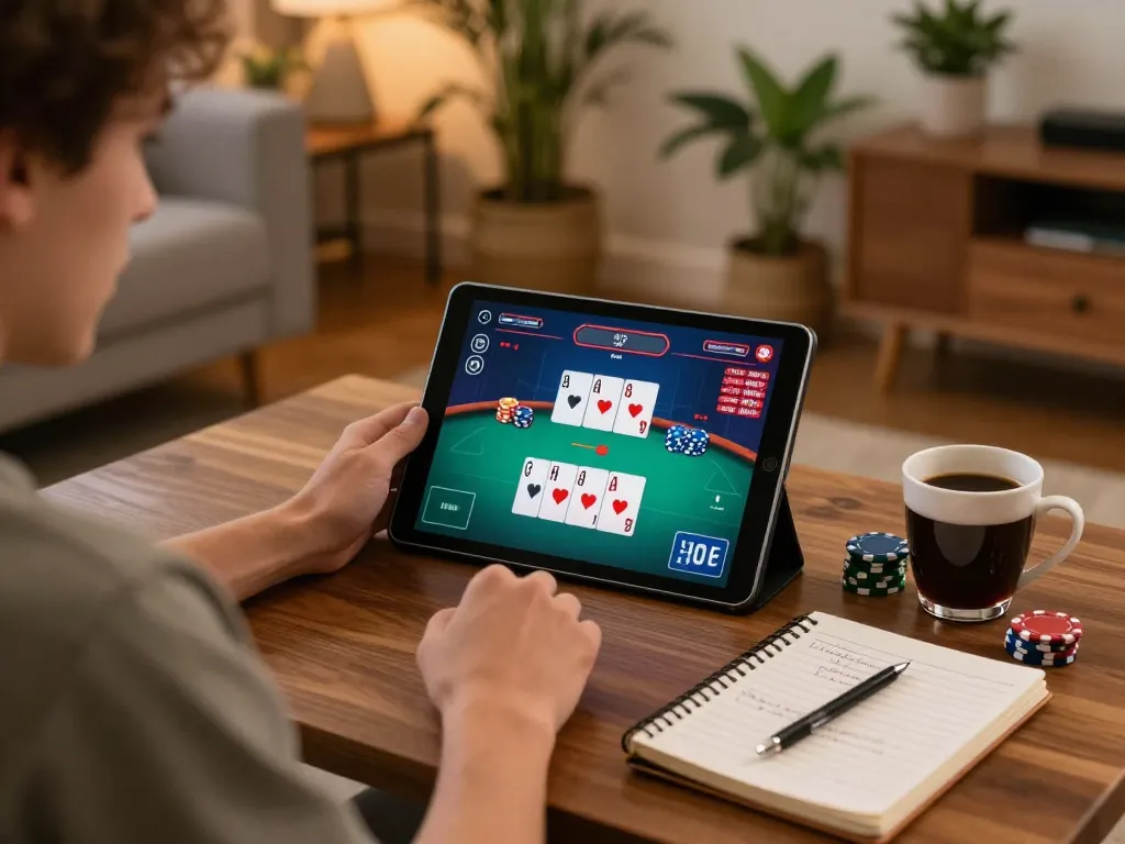 Player engaged in online poker on tablet, showcasing safe gambling strategies with HM88.