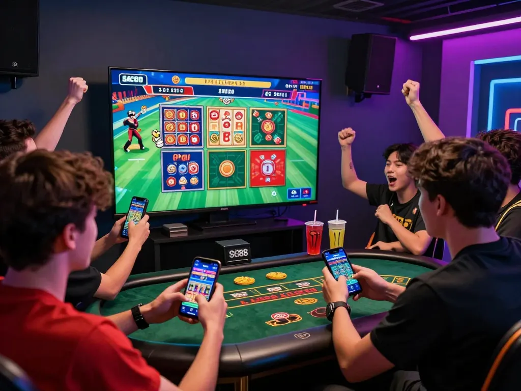 Exciting SC88 trang chủ gaming scene with friends placing bets on live sports, vibrant atmosphere filled with energy.