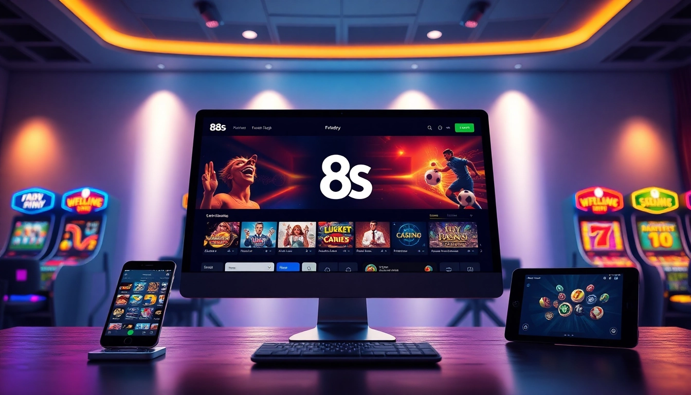 8S online gambling platform interface showcasing sports betting and casino games on multiple devices.